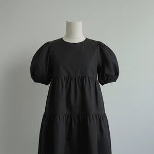 Like New Oak + Fort 100% Cotton Black Puff Sleeve Ruffle Mini Dress